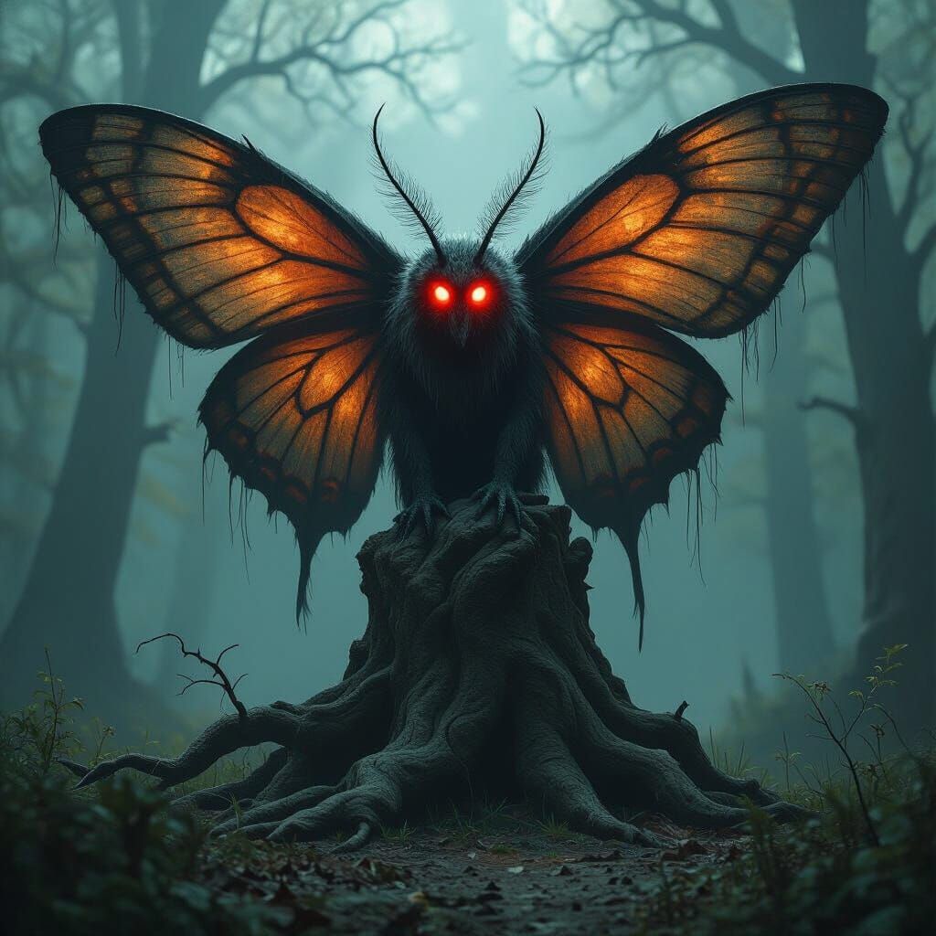 Towering Moth Creature with Glowing Eyes in Dark Forest