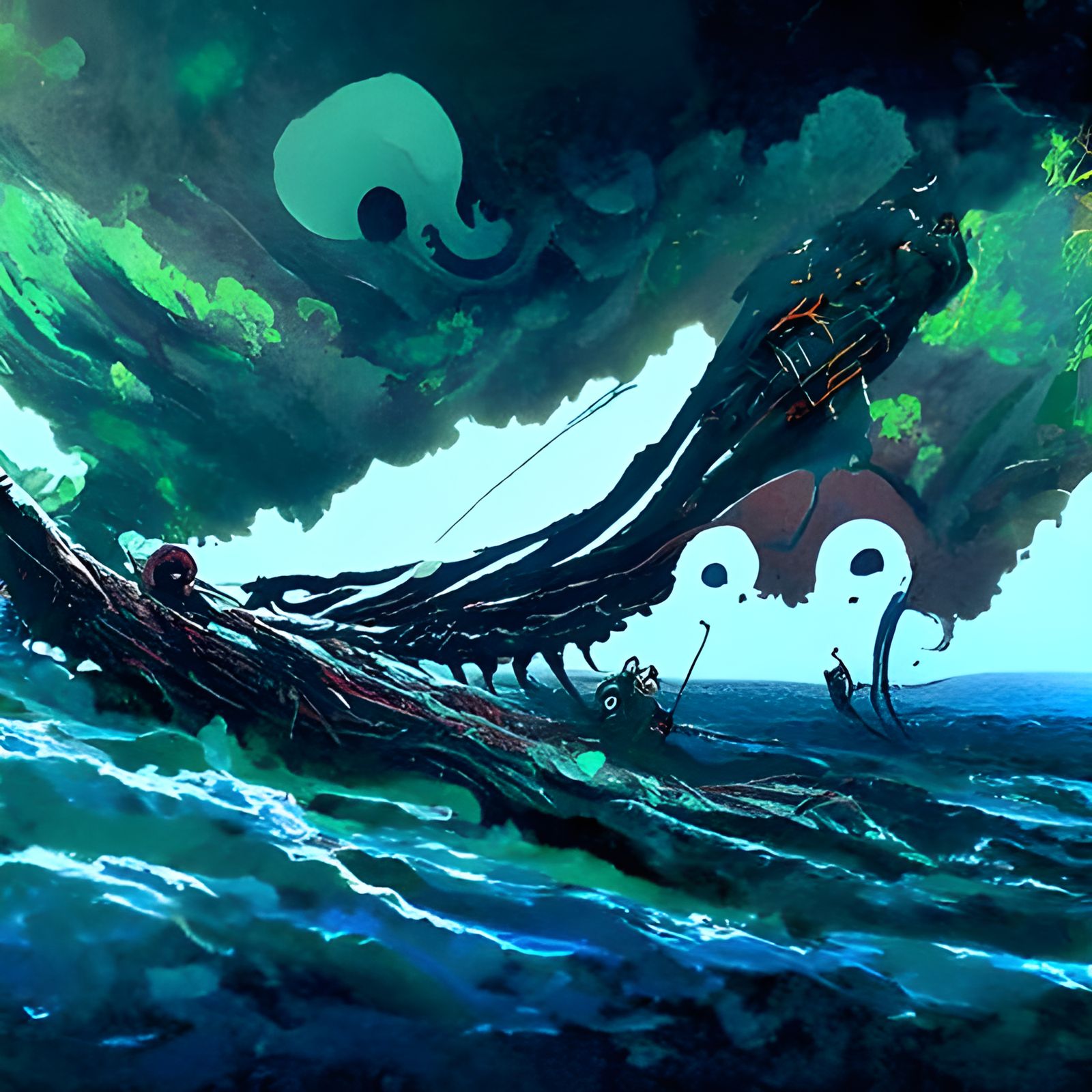 Pirate Ship vs Kraken: Anime Art Nouveau Style
