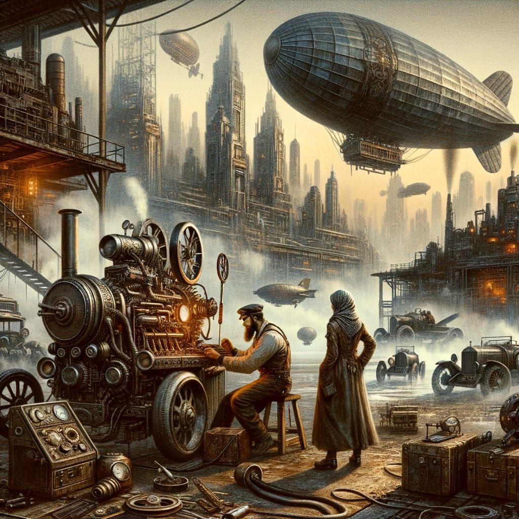 Dieselpunk Cityscape with Rustic Machinery and Retrofuturist...