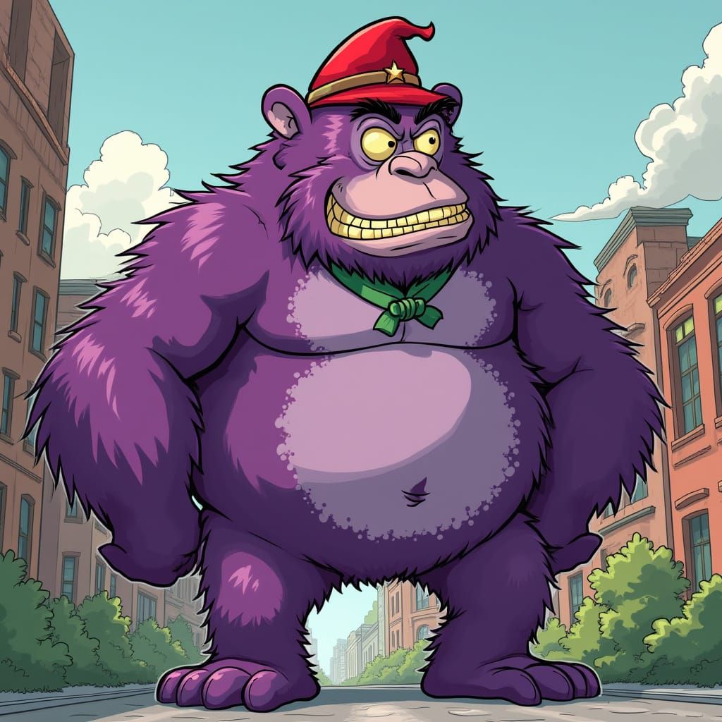Giant Purple Ape in Cityscape, Hanna-Barbera Style