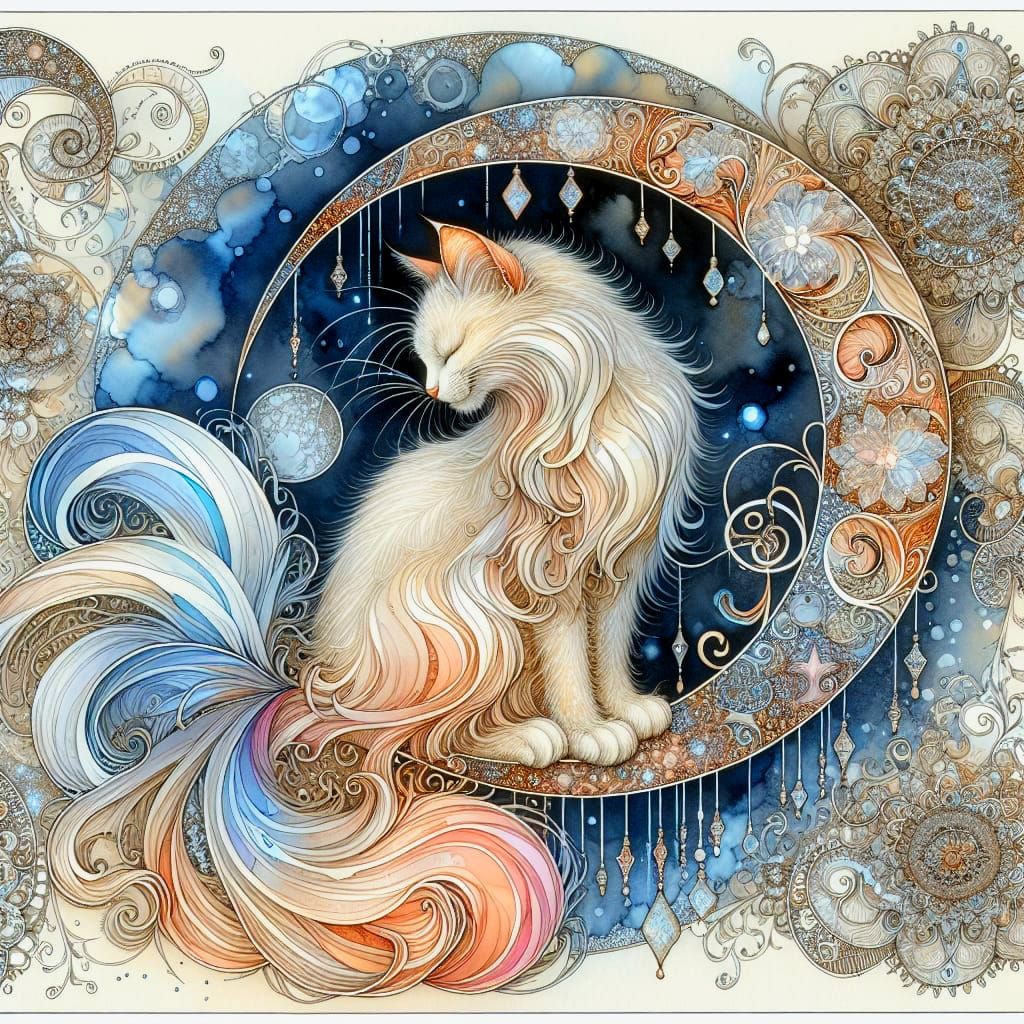 Whimsical Feline on Crescent Moon in Watercolor-Inspired Sty...