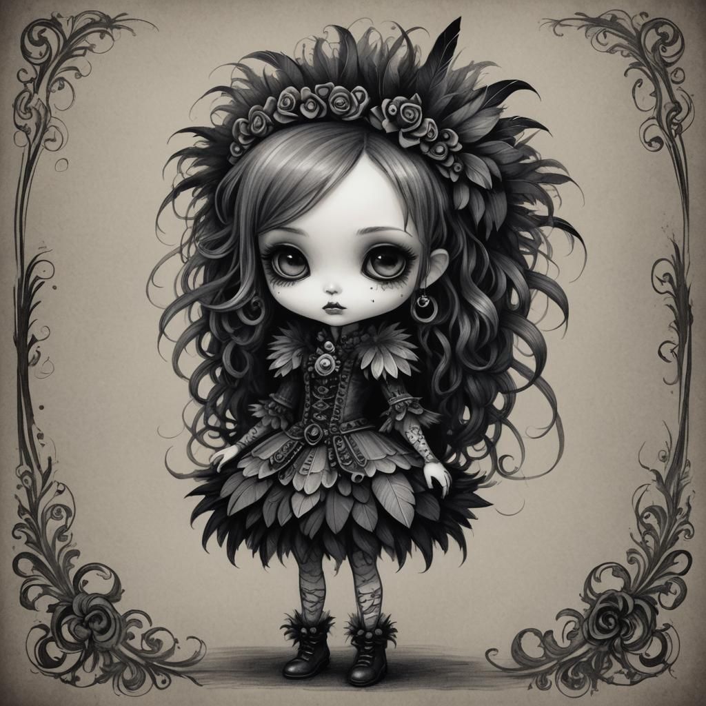 Gothic Baroque Chibi Girl in Charcoal Style