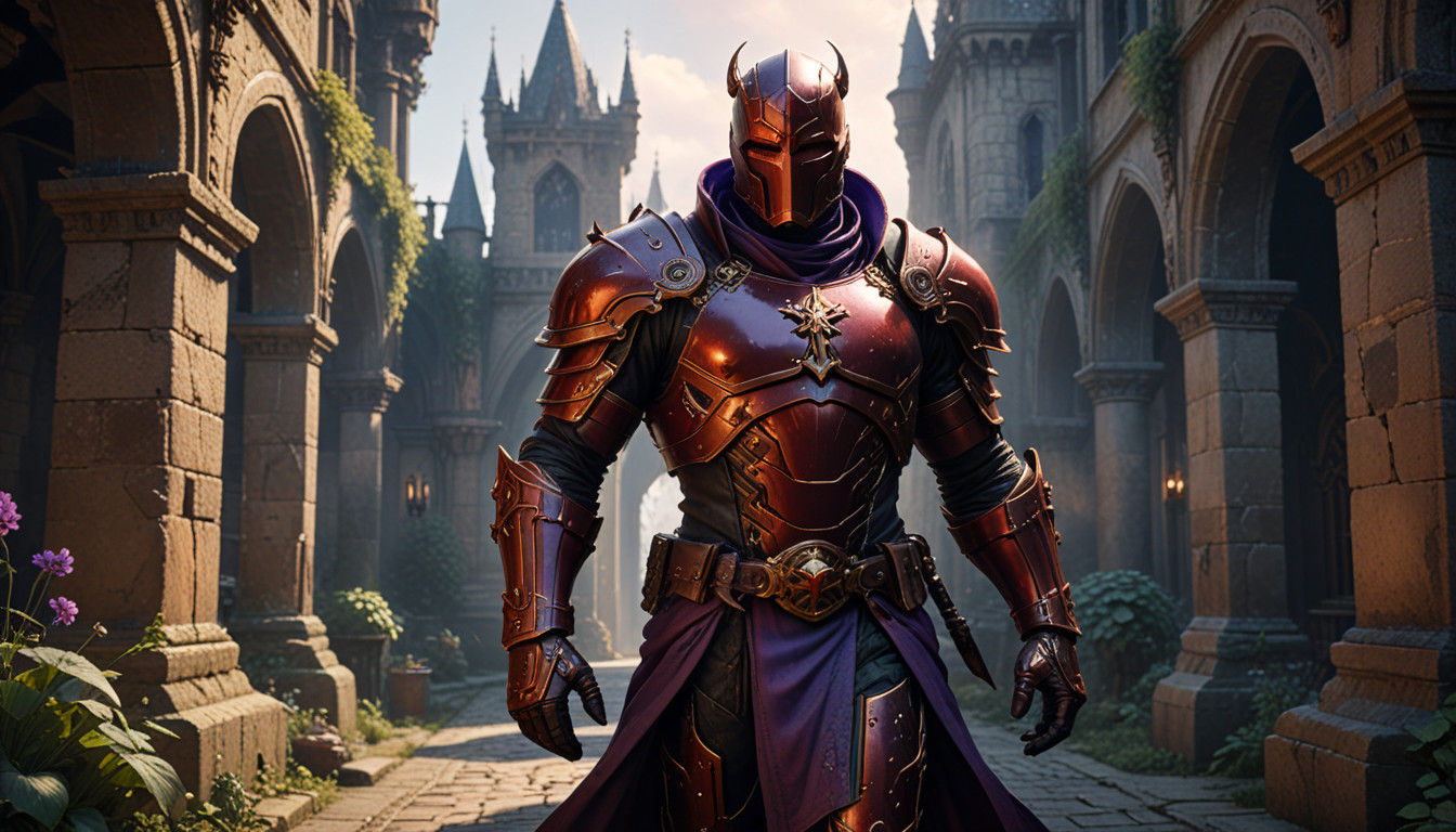 Grim Dark Fantasy Daredevil in Red Knight Armor Walks Castle...
