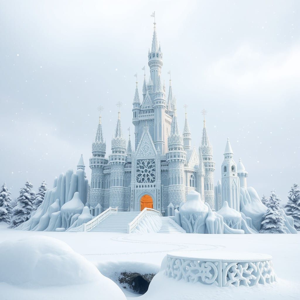 Majestic Snow Castle in Ephemeral Winter Wonderland