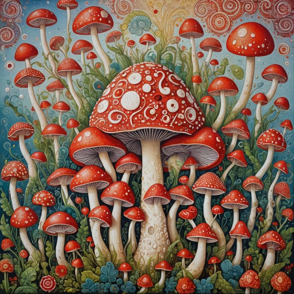 Kalighat Painting: Detailed Mushroom with Zentangle Gills