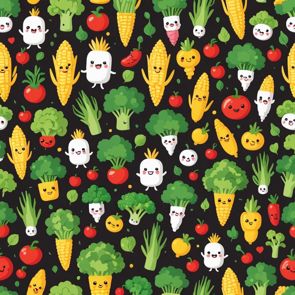 Vegetarian vegetables fruit chibi cute corn radish broccoli vegan cuisine