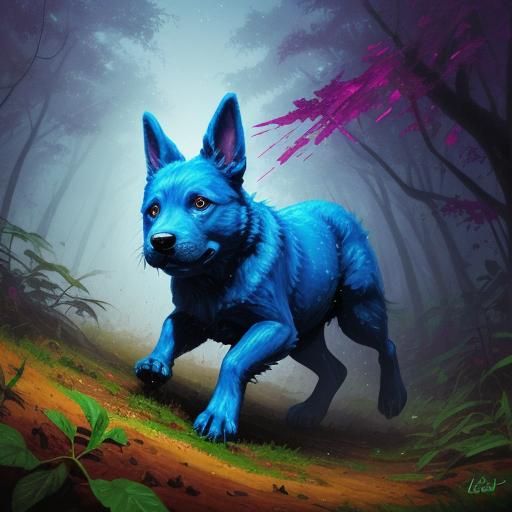 Blue Dog Chase in Red Rainforest Oil Painting