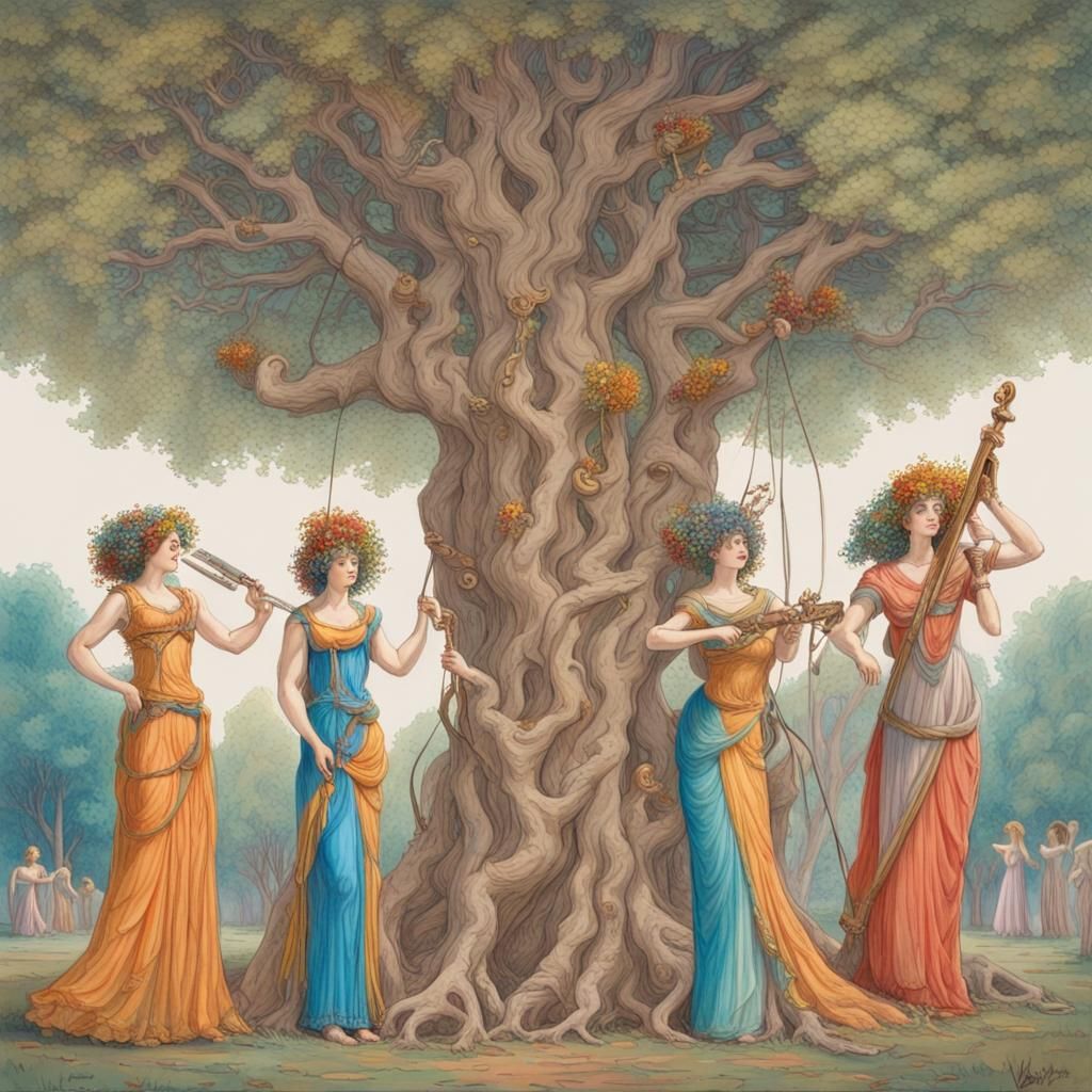 Muses Play Lyres Under Colorful Tree, Pencil Detailed