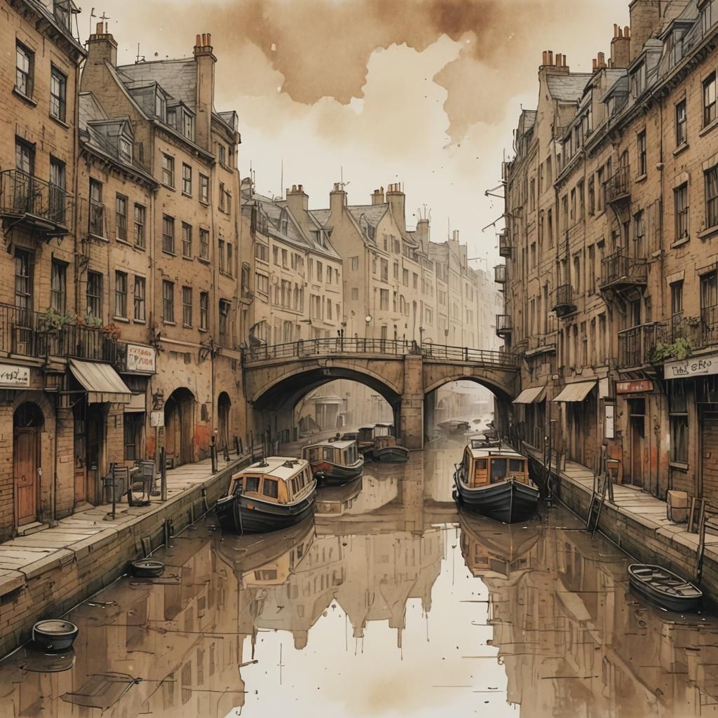 London Canal in Rain: Detailed Manga Sketch