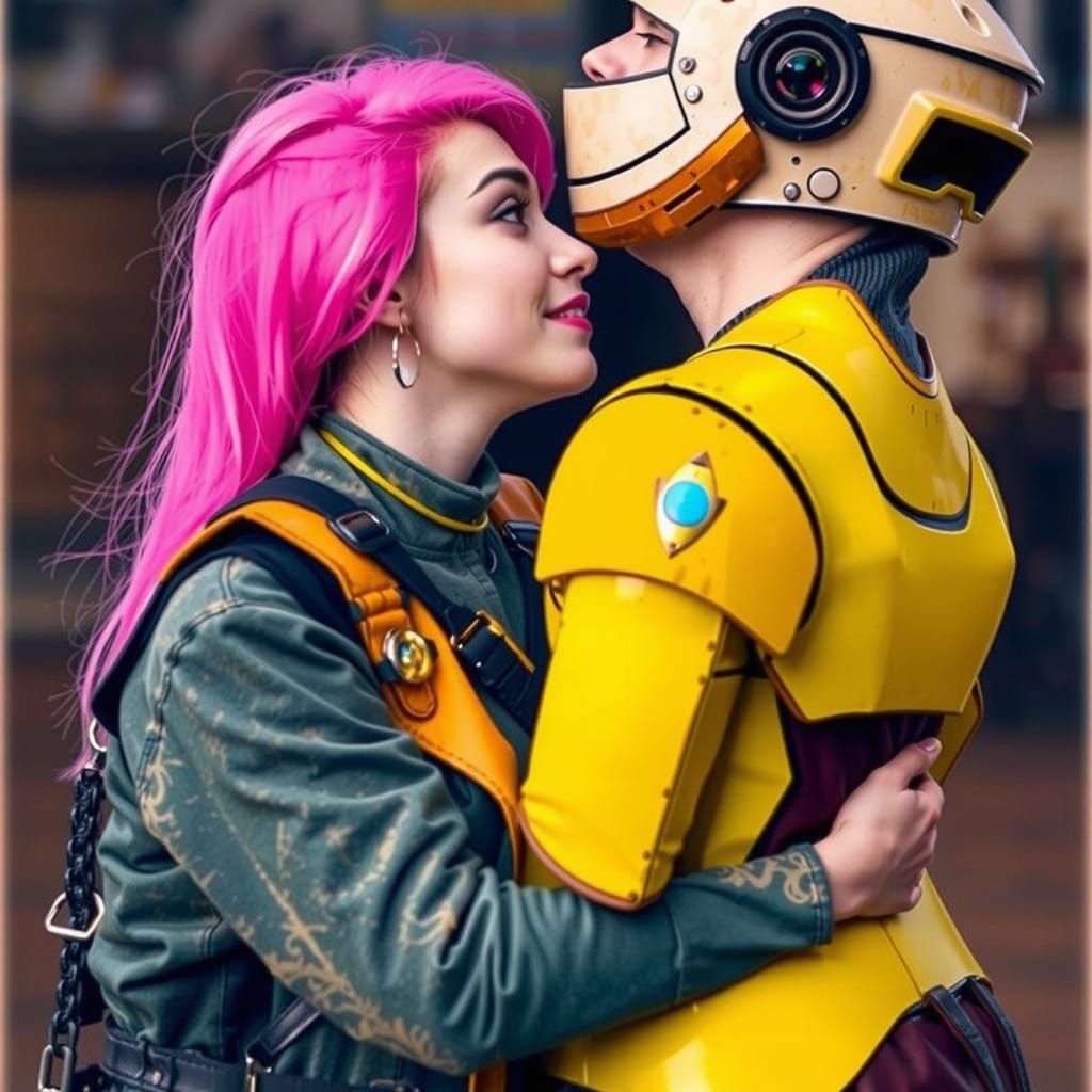 Woman Embracing Armored Man: Professional Photo