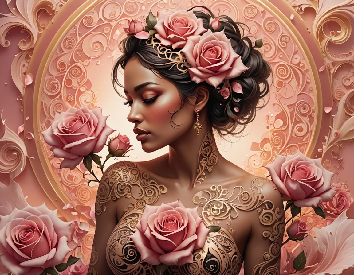 Rose Tattoo Breast: Fractal Art Explosion in Pink and Gold