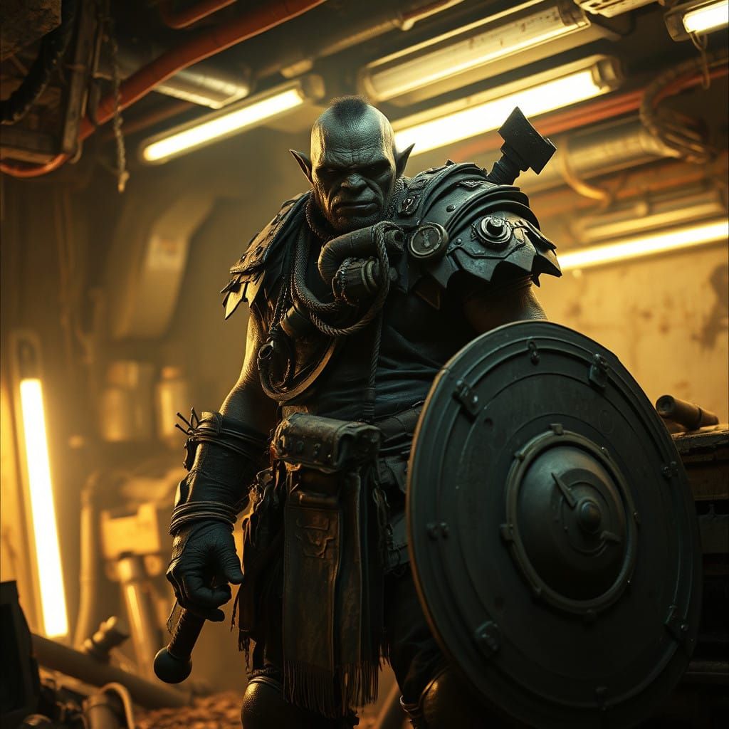 Gritty Space Orc Warrior in a Desolate, Industrial Lair