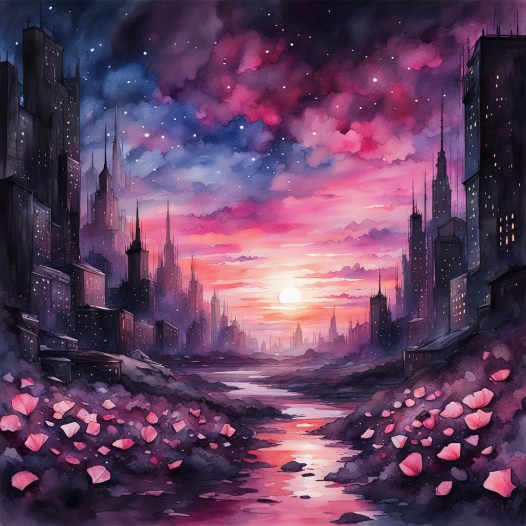 Cyberpunk Watercolor Sunset Landscape with Stars