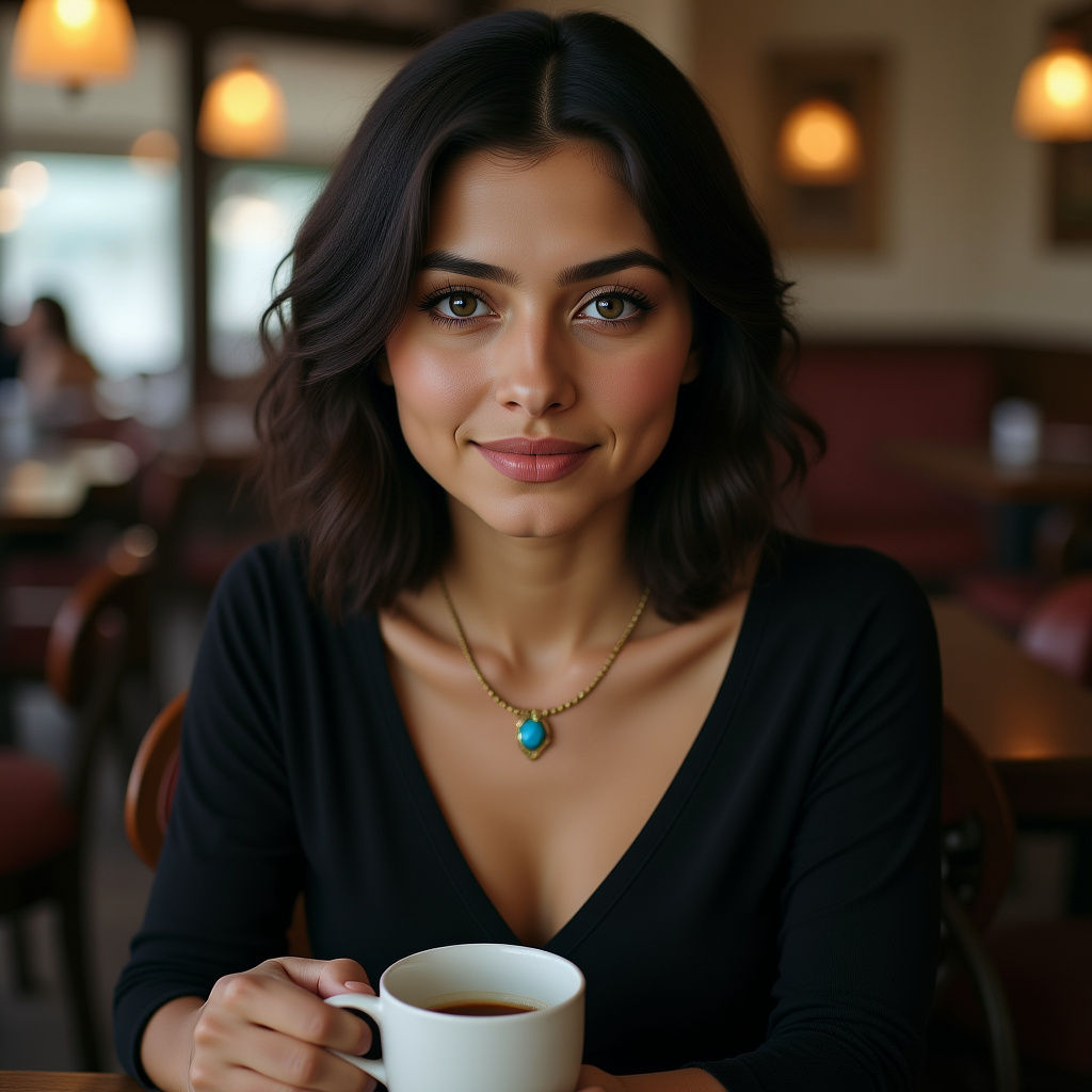 Stunning Woman with Ice-Blue Eyes in Brasserie