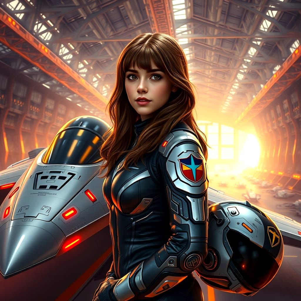 Epic Space Warrior Stands Beside Her Star Fighter in a Majes...