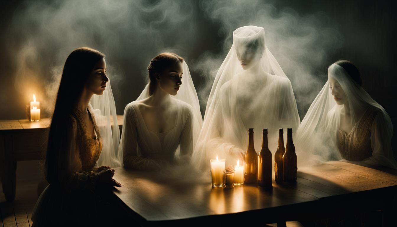 Foreground The double exposed transparent headless ghost of Anne Boleyn, And the transparent headless ghost of Charles t...