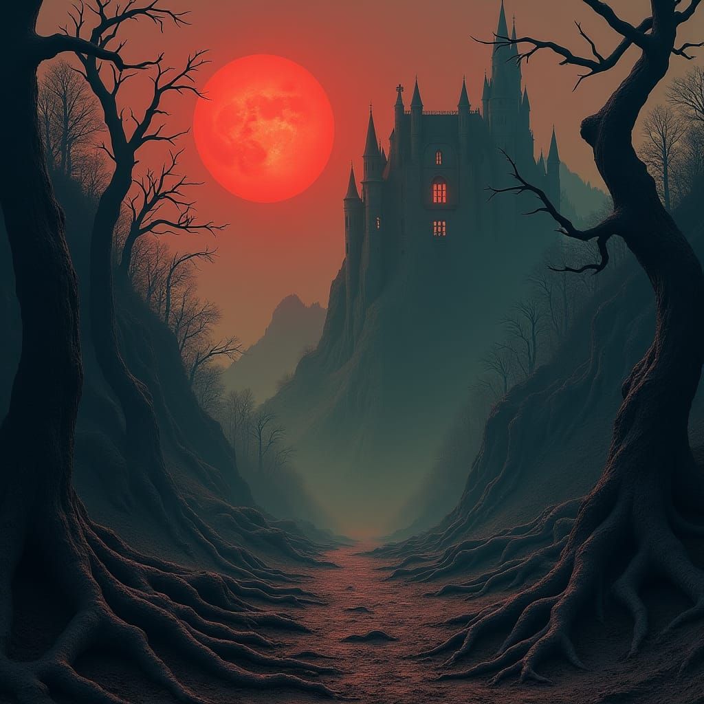 Nightmarish Landscape with Blood-Red Moon