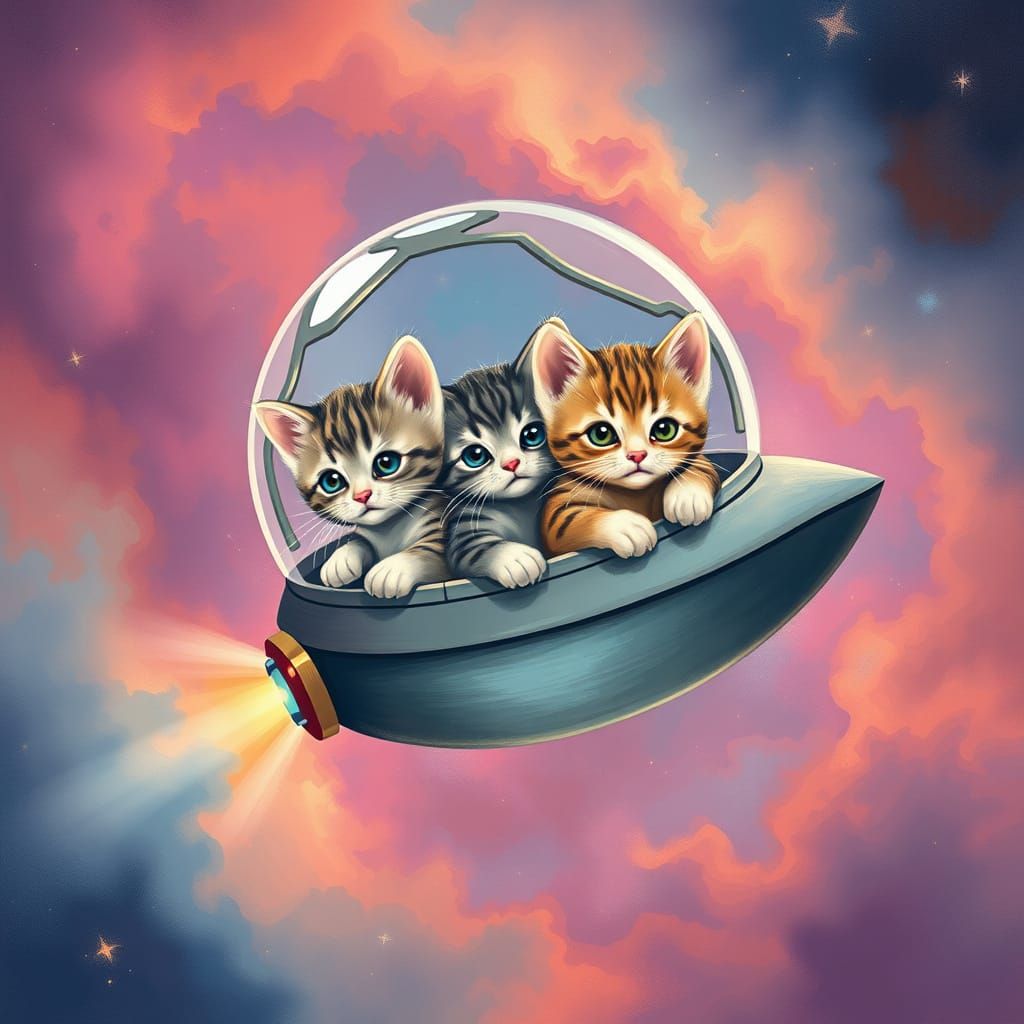 Whimsical Space Kittens Explore Vibrant Nebula
