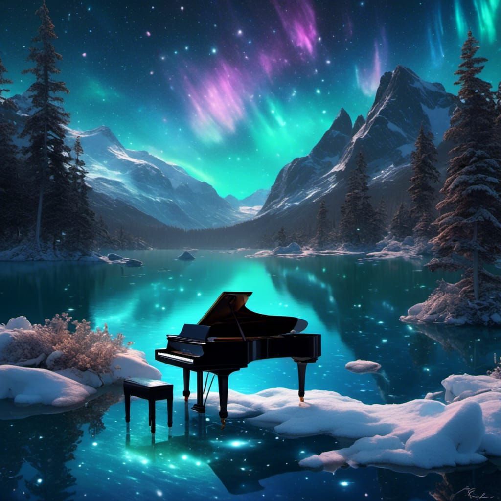 Arctic Midnight Aurora Reflected as Piano Keys