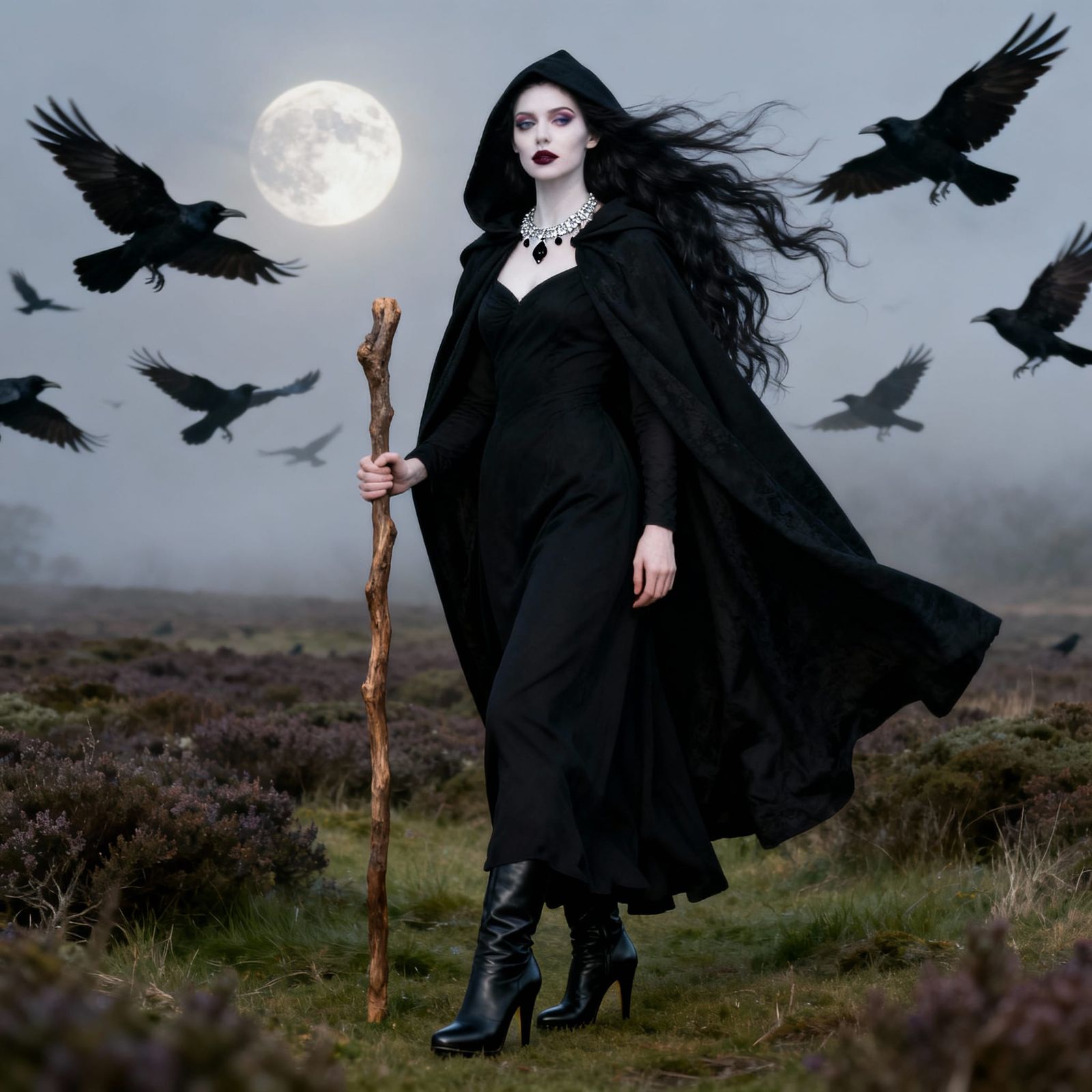 Goddess on Heathland Under Full Moon