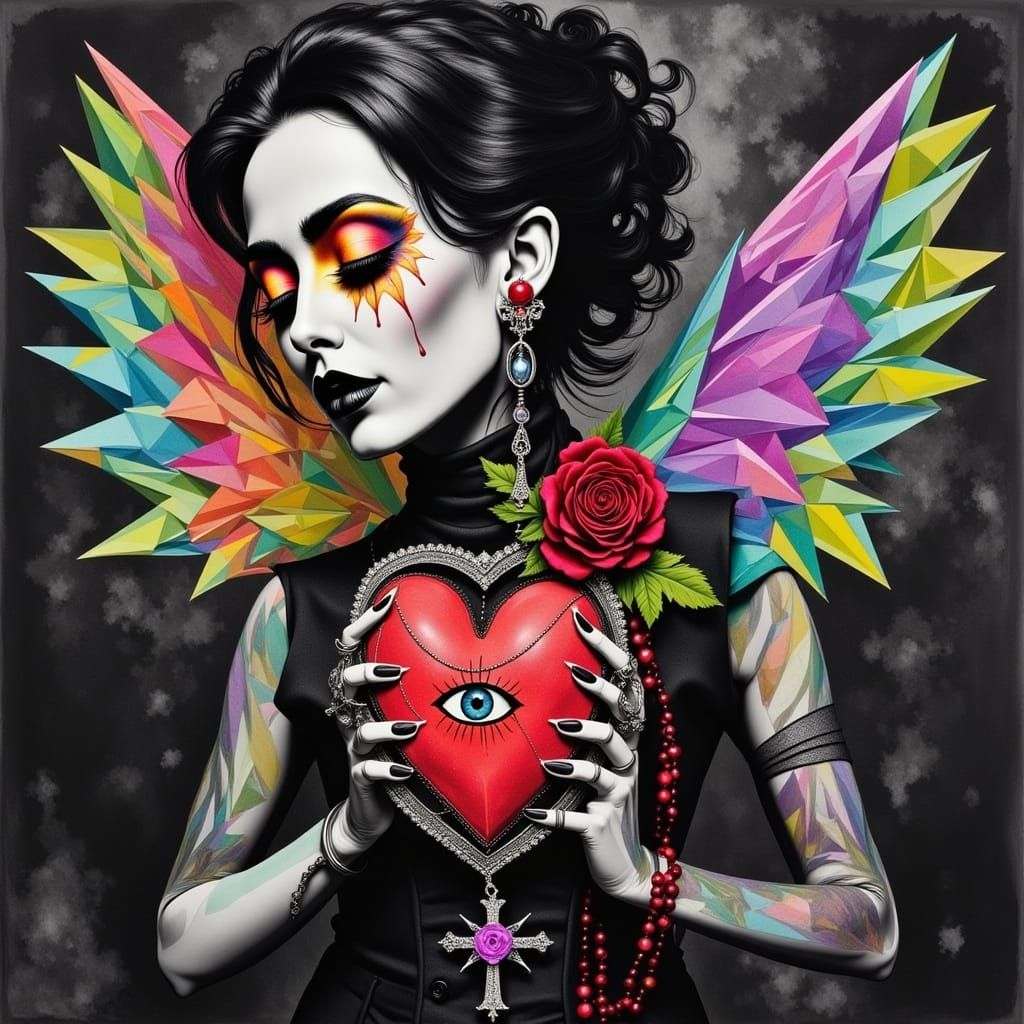 <lora:Whimsical 2:1.0>  Punk Faith, Our Lady Of Social Awareness , wearing goth clothing,  a black and white photogram-s...