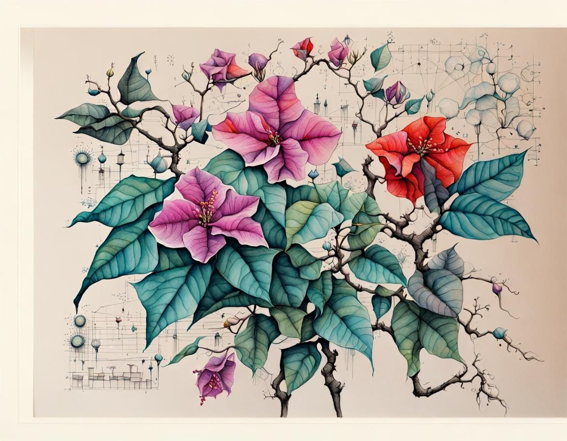 Detailed Ink Botanical Illustration of Bougainvillea