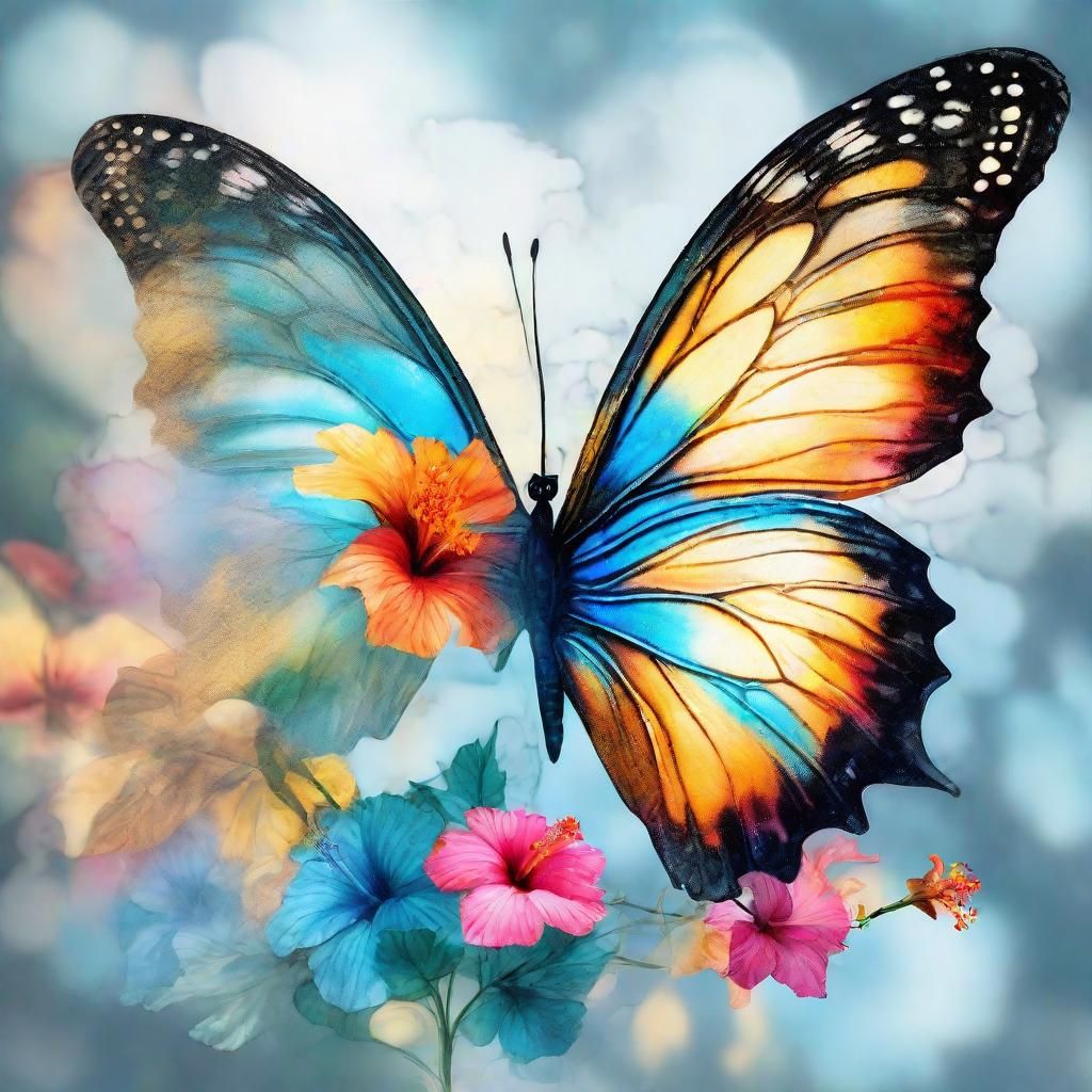 Butterfly on Hibiscus: Vivid Digital Fantasy Art
