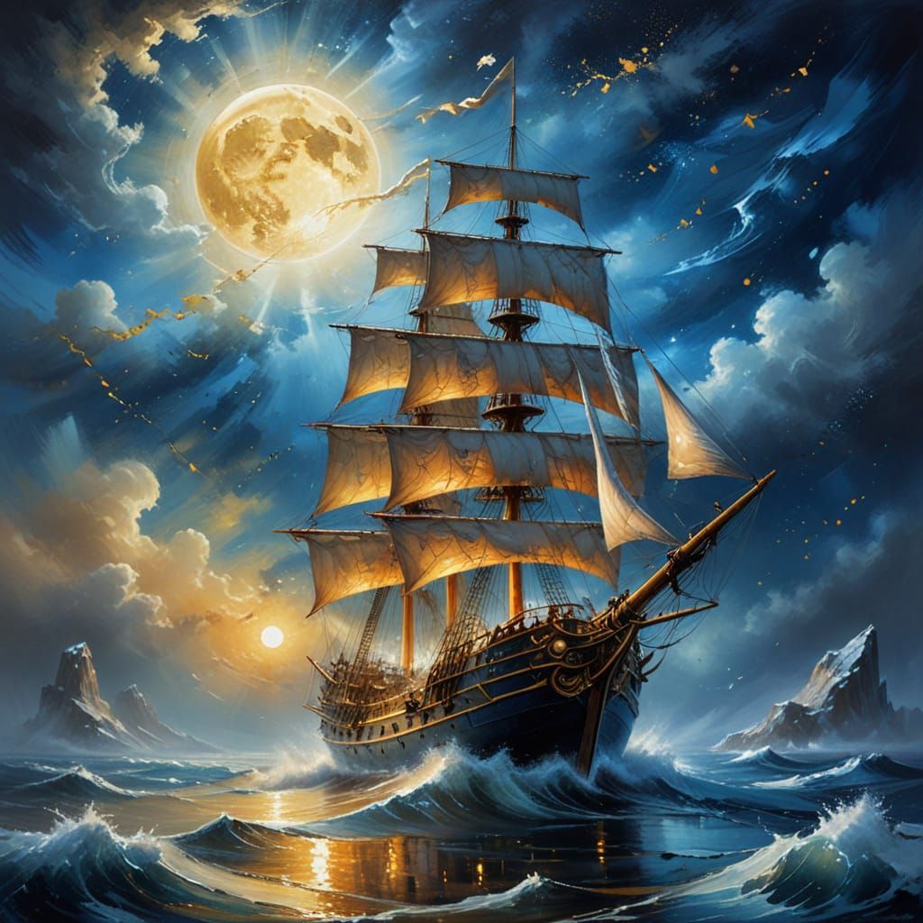 Spectral Sailing Ship in Golden Sea under Blue Moon