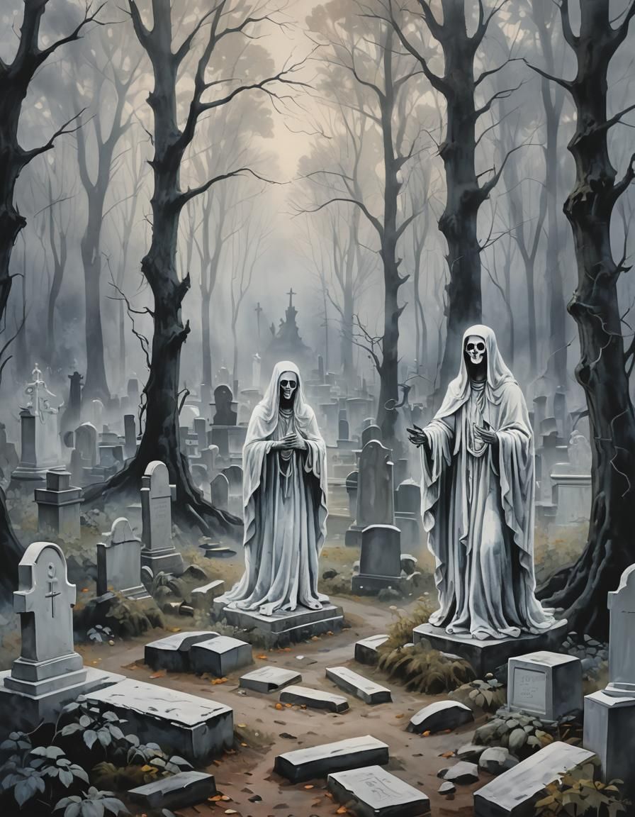 Smokey Graveyard with Veiled Ghost in Gouache Style