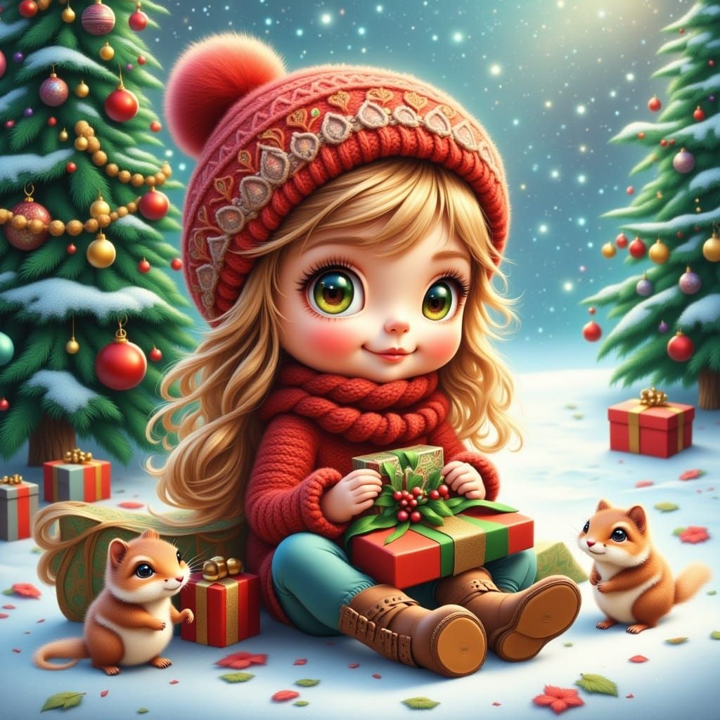 Cute Girl in Cowgirl Boots with Christmas Gift and Chipmunks