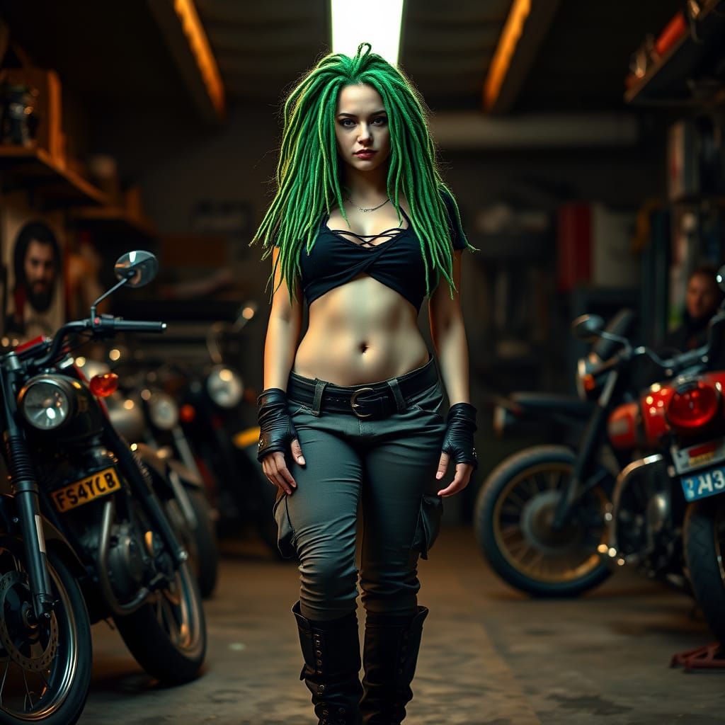 Biker Chick in Dark Motorcycle Garage