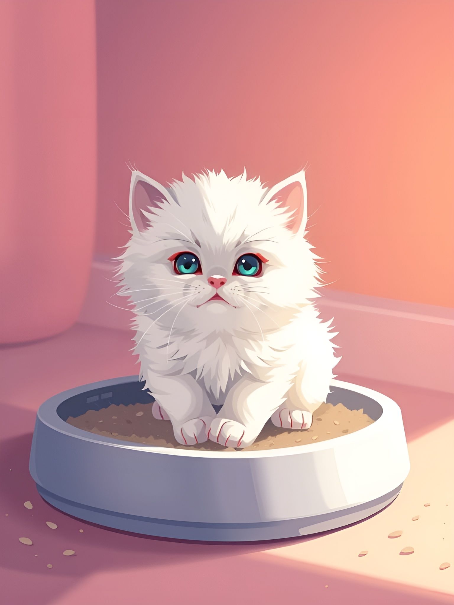 Whimsical White Persian Kitten in Flat Manga Style
