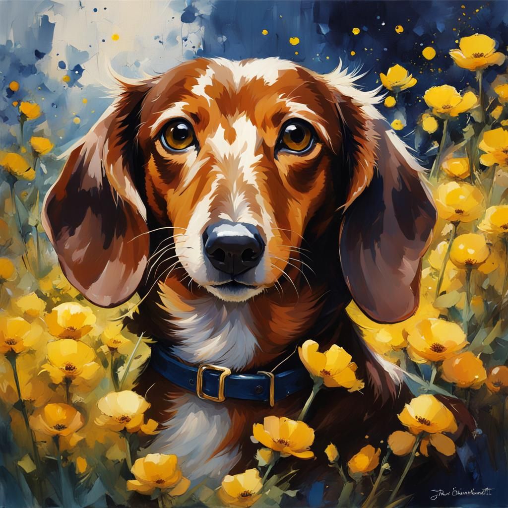 Happy Dachshund with Flowers: Oil Painting Style