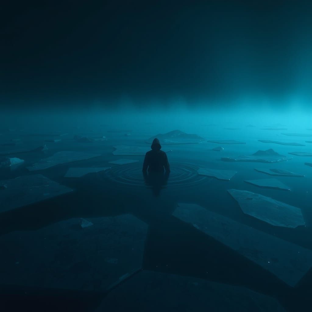 Futuristic Figure in Dark, Icy Water