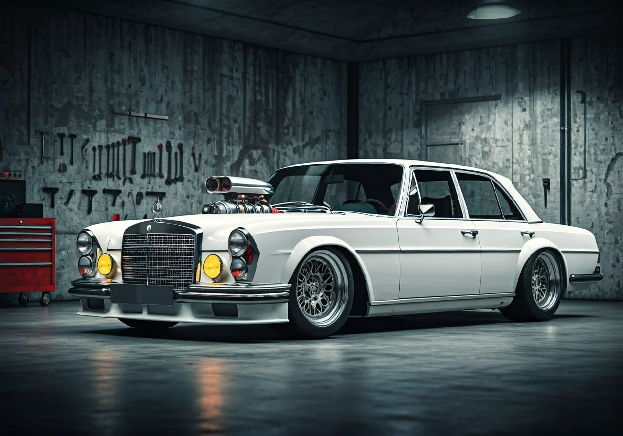 Matte White 300 SEL 6.3 Big Blower in Retro Garage