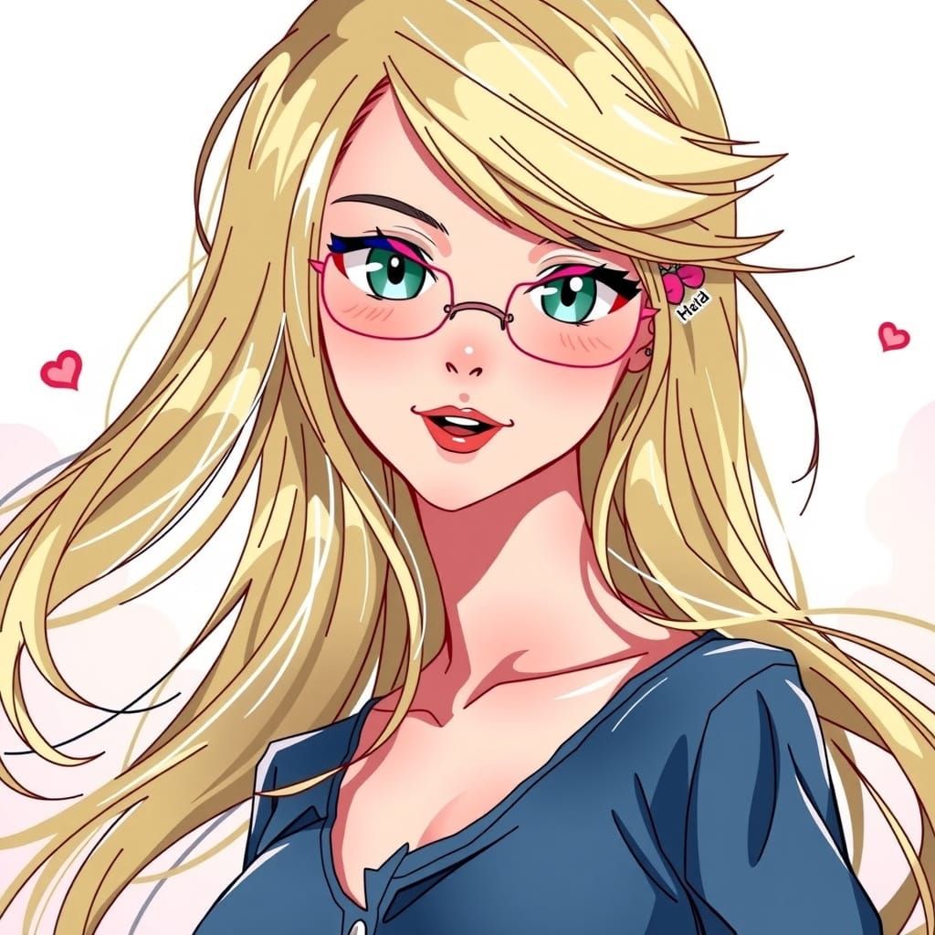Happy Blonde Woman with Glasses in Manga Style