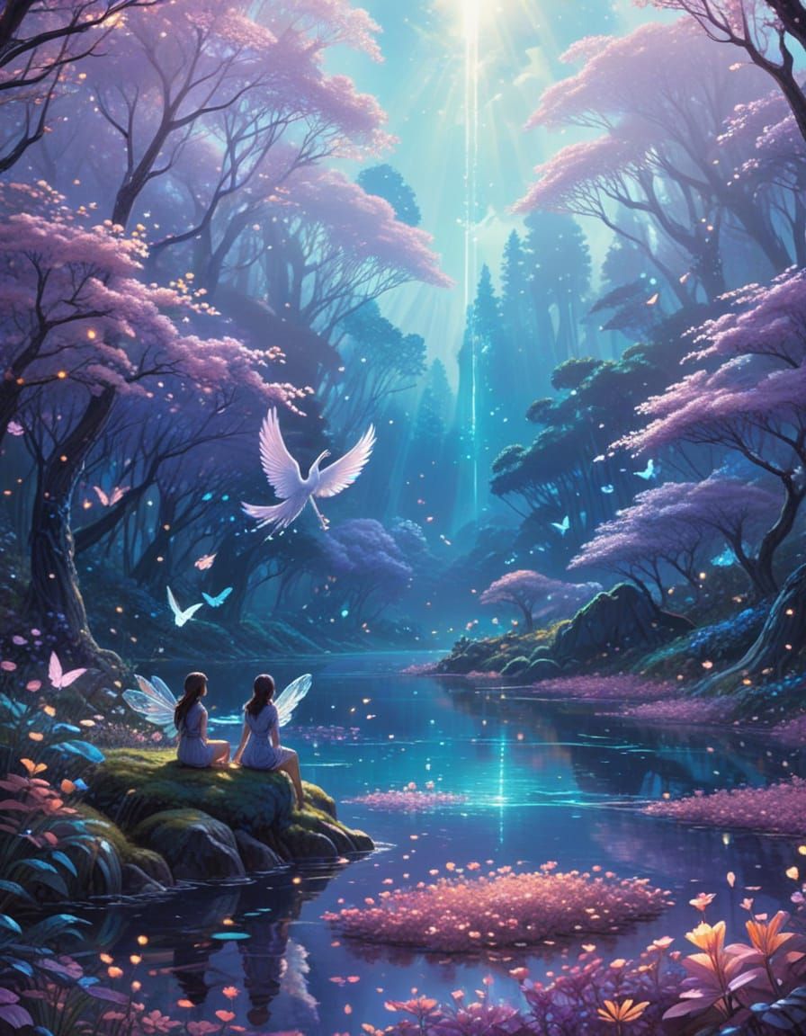 Whimsical Moonlit Fantasy Forest in Vibrant Bloom