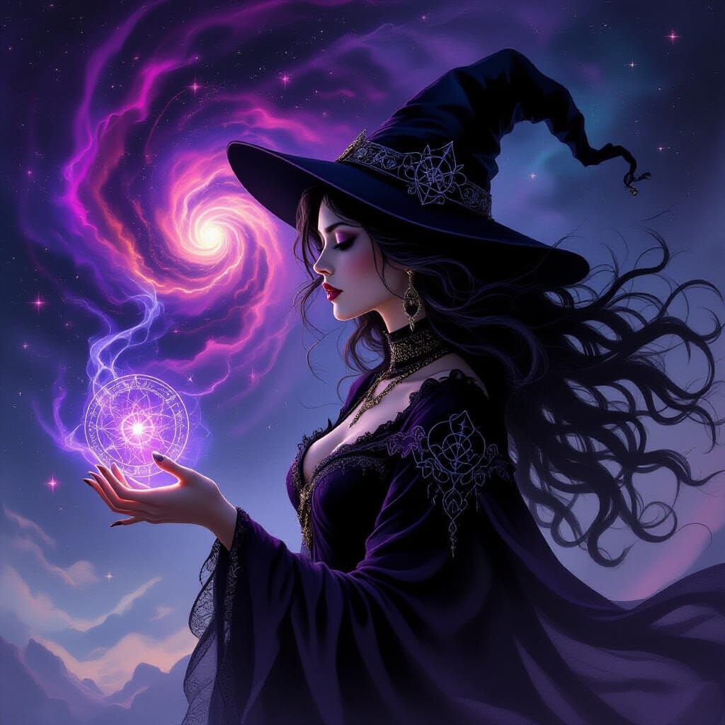 Cosmic Witch Gazes at Nebula in Gothic Style