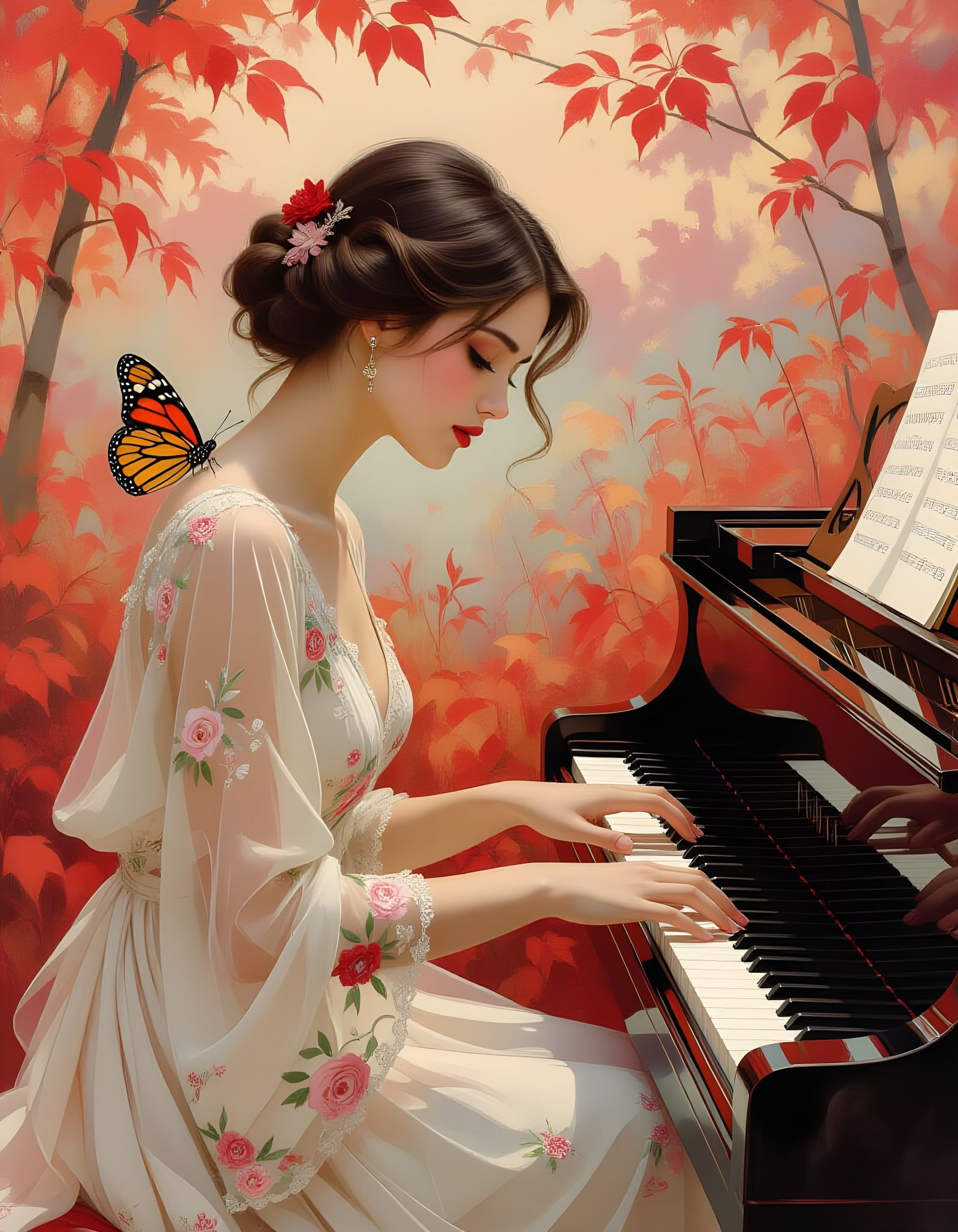 Pensive Pianist with Monarch Butterfly in Autumn