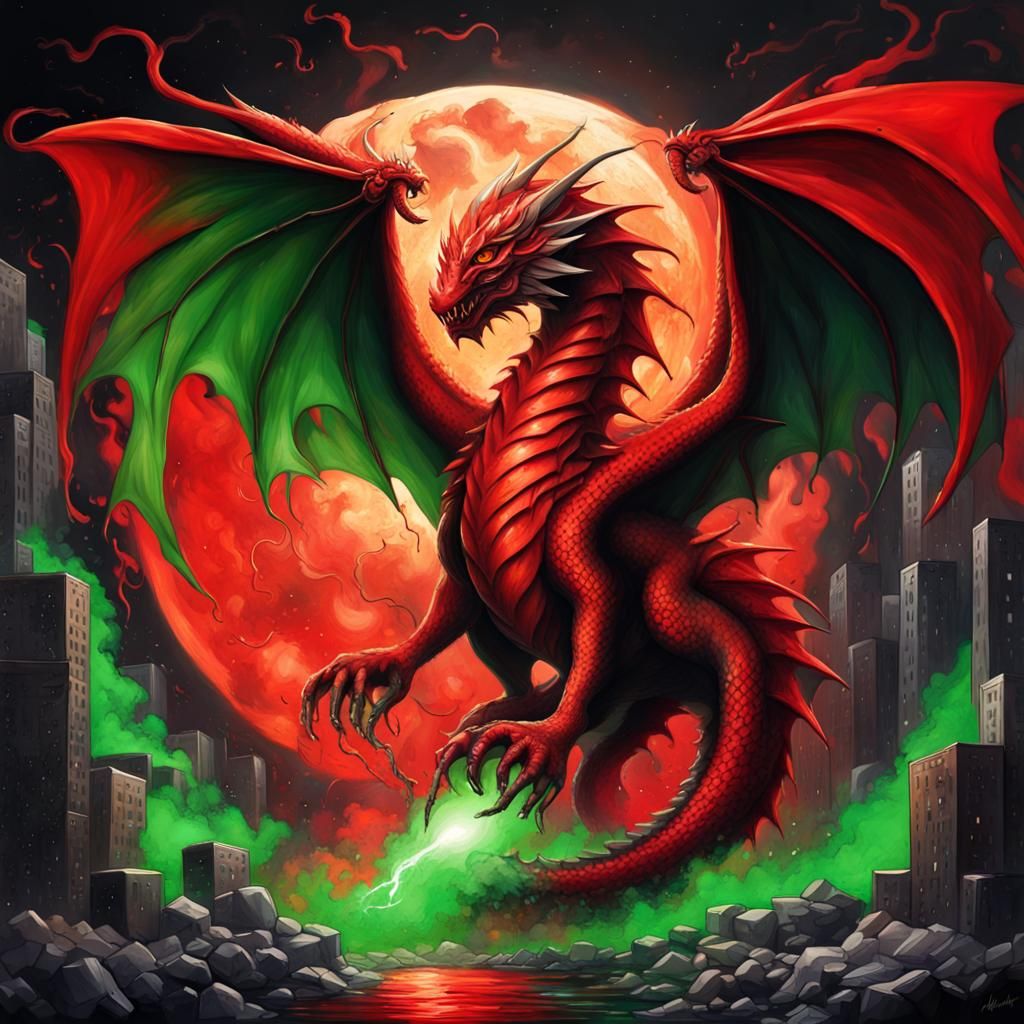 Red Dragon Blocks Moon in Graffiti Splash Art