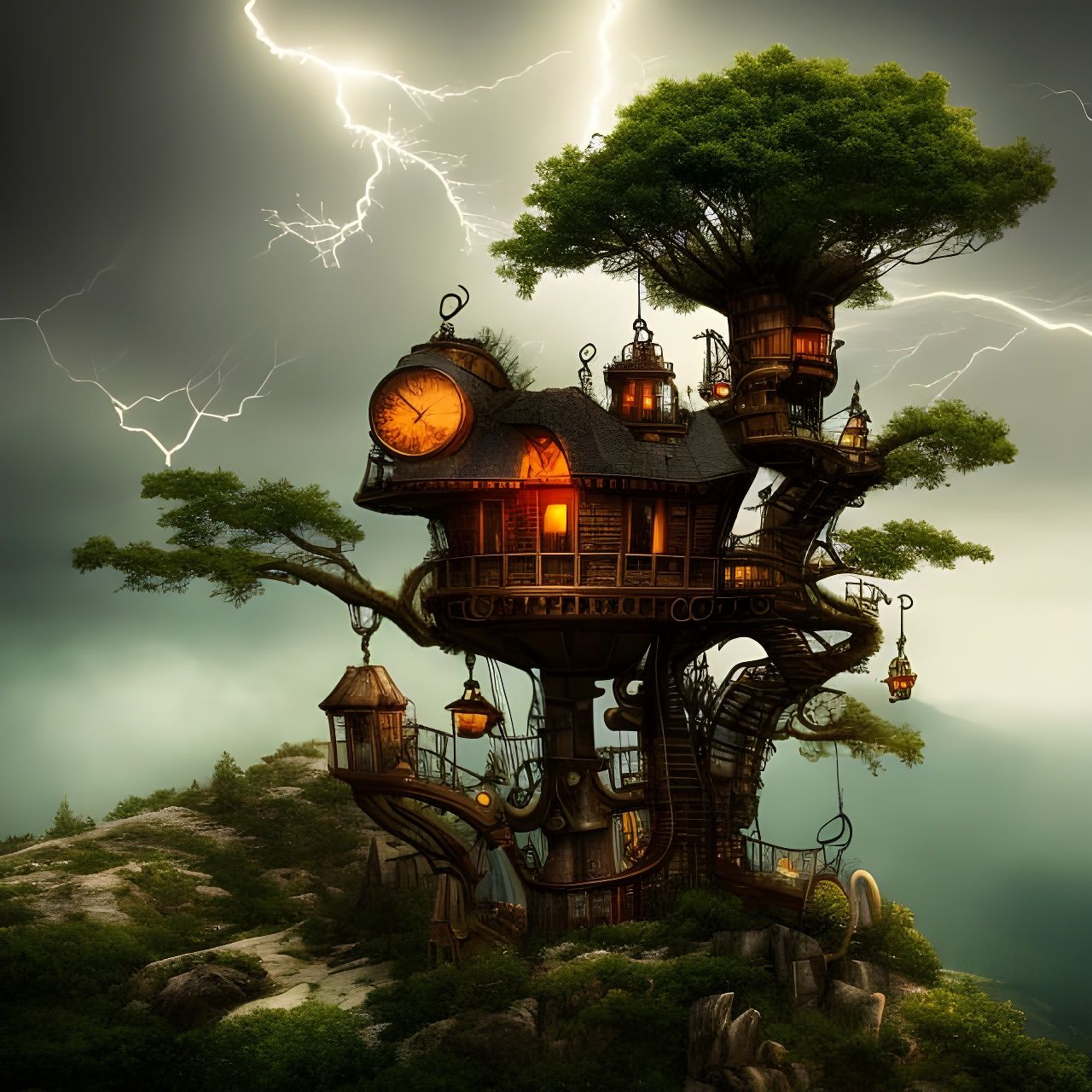 Crooked steampunk treehouse