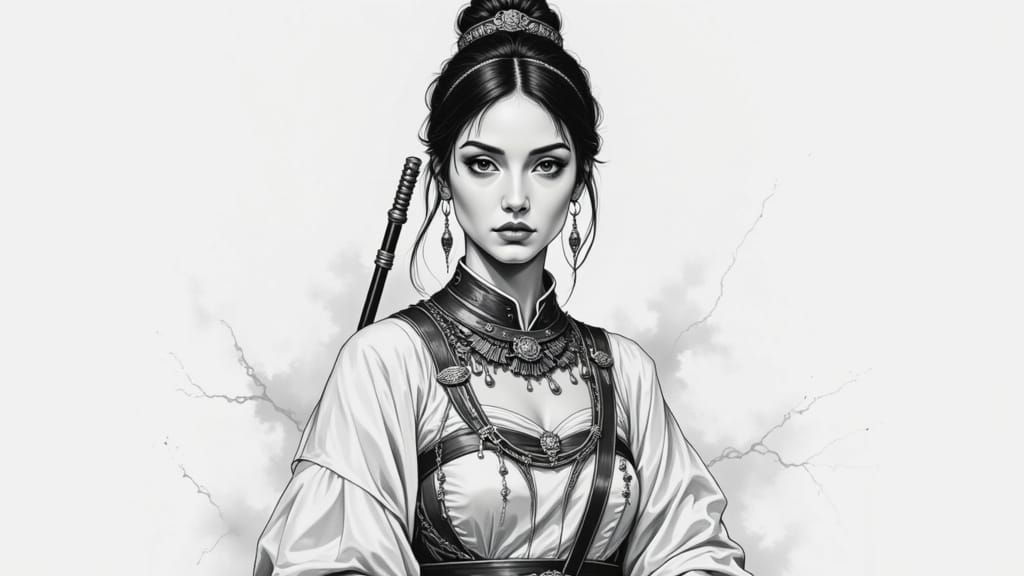 Aceh Warrior Woman in Futuristic Pencil Sketch