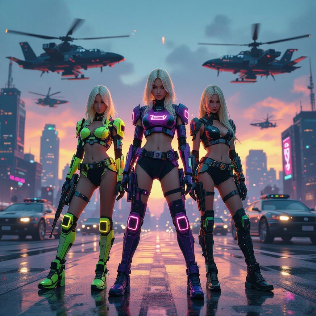 Cyberpunk Girls in Neon-Lit Cityscape