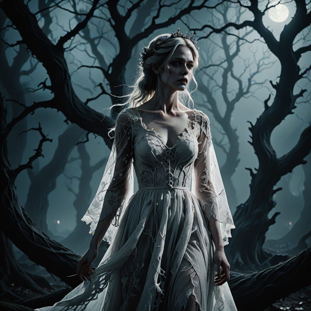 Ghostly Bride in Moonlit Forest, Anime Style