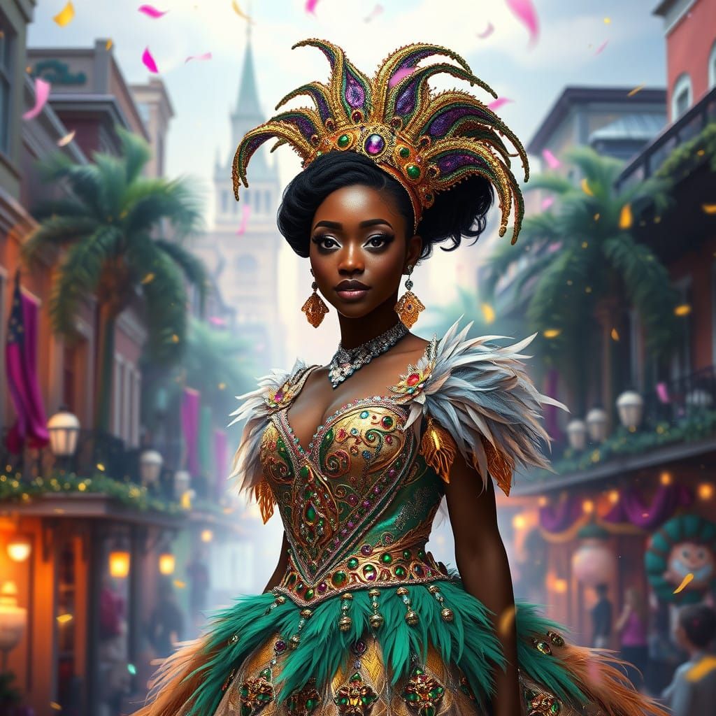 Majestic Mardi Gras Queen Princess Tiana in Vibrant New Orle...
