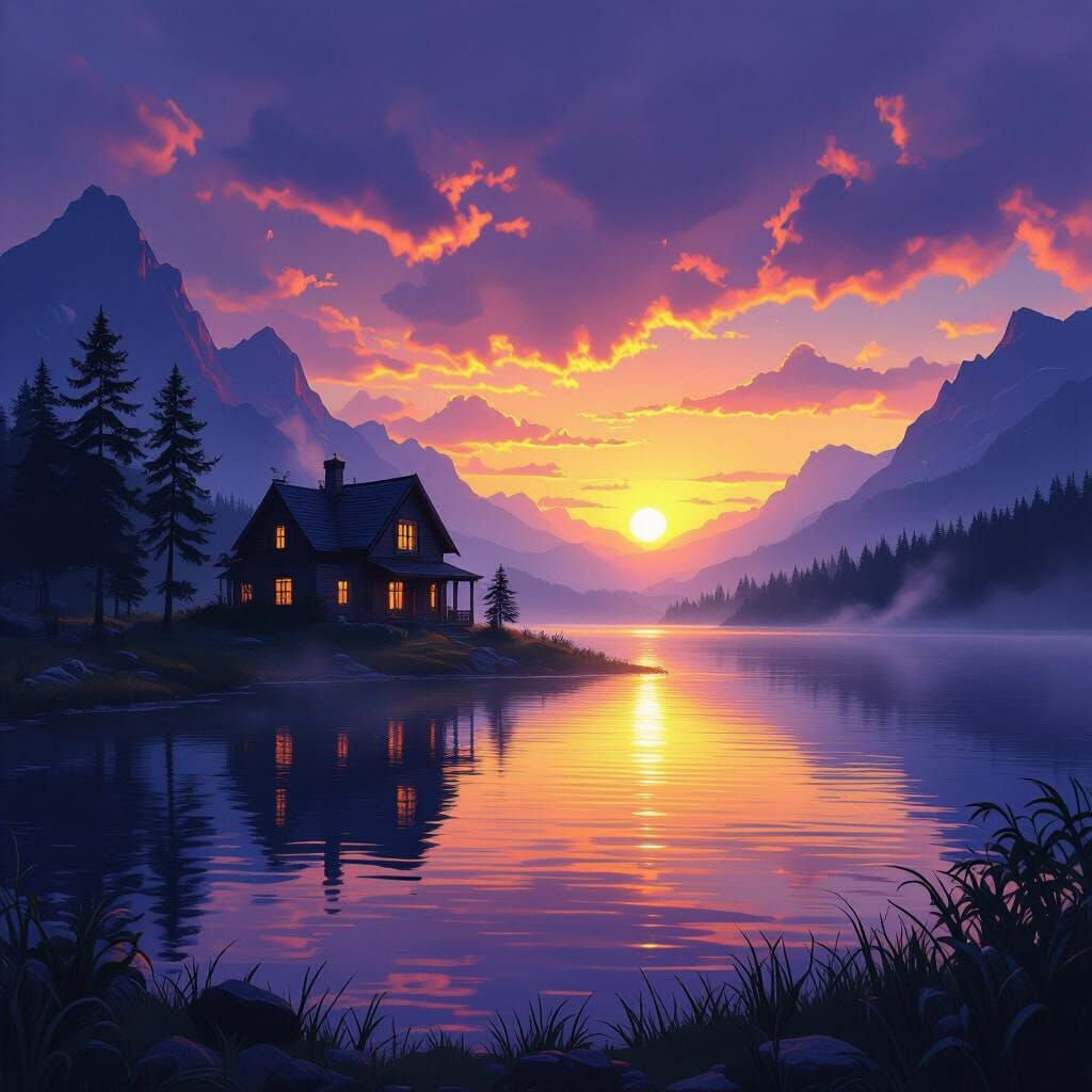 Dark Fantasy House on Lake at Sunset Concept Art