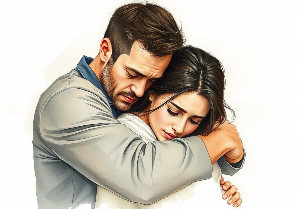 Intimate Watercolour Portrait of Comforting Embrace