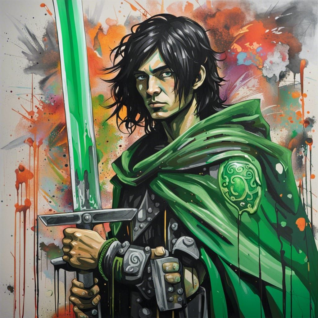 Emerald Armored Man with Jade Sword as Graffiti Art
