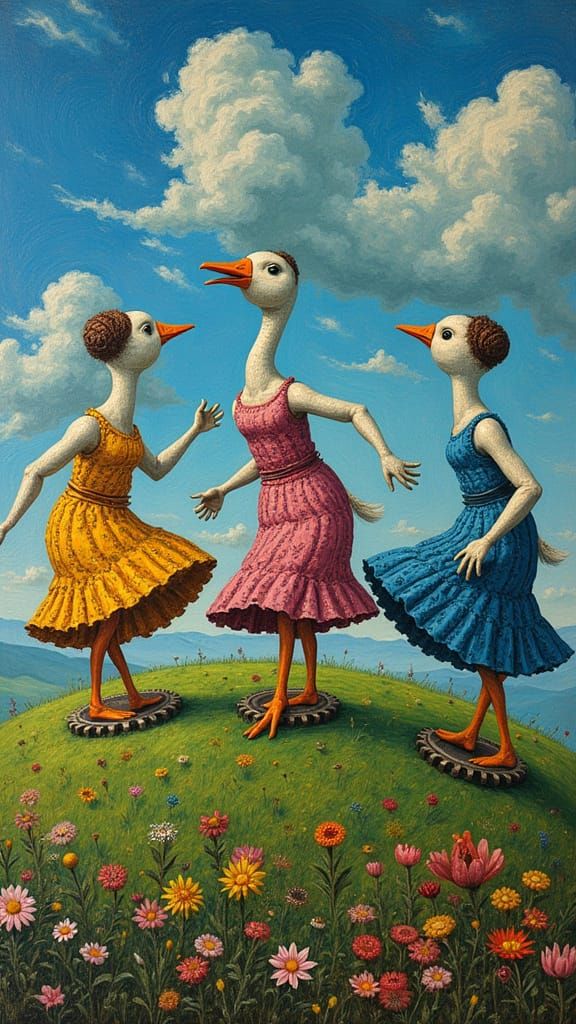 Surreal Dancers on Gears in Hillside Landscape
