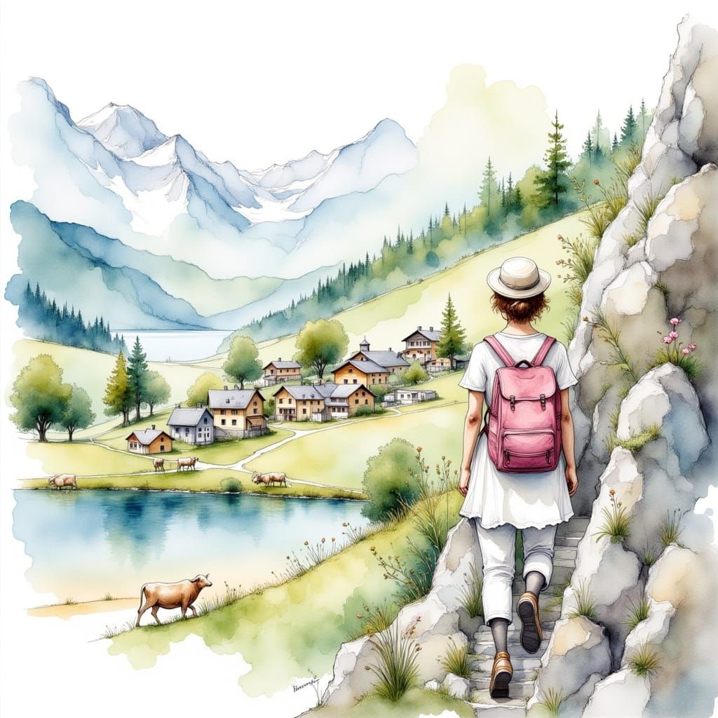 Hiker Views Swiss Village in Watercolor Style